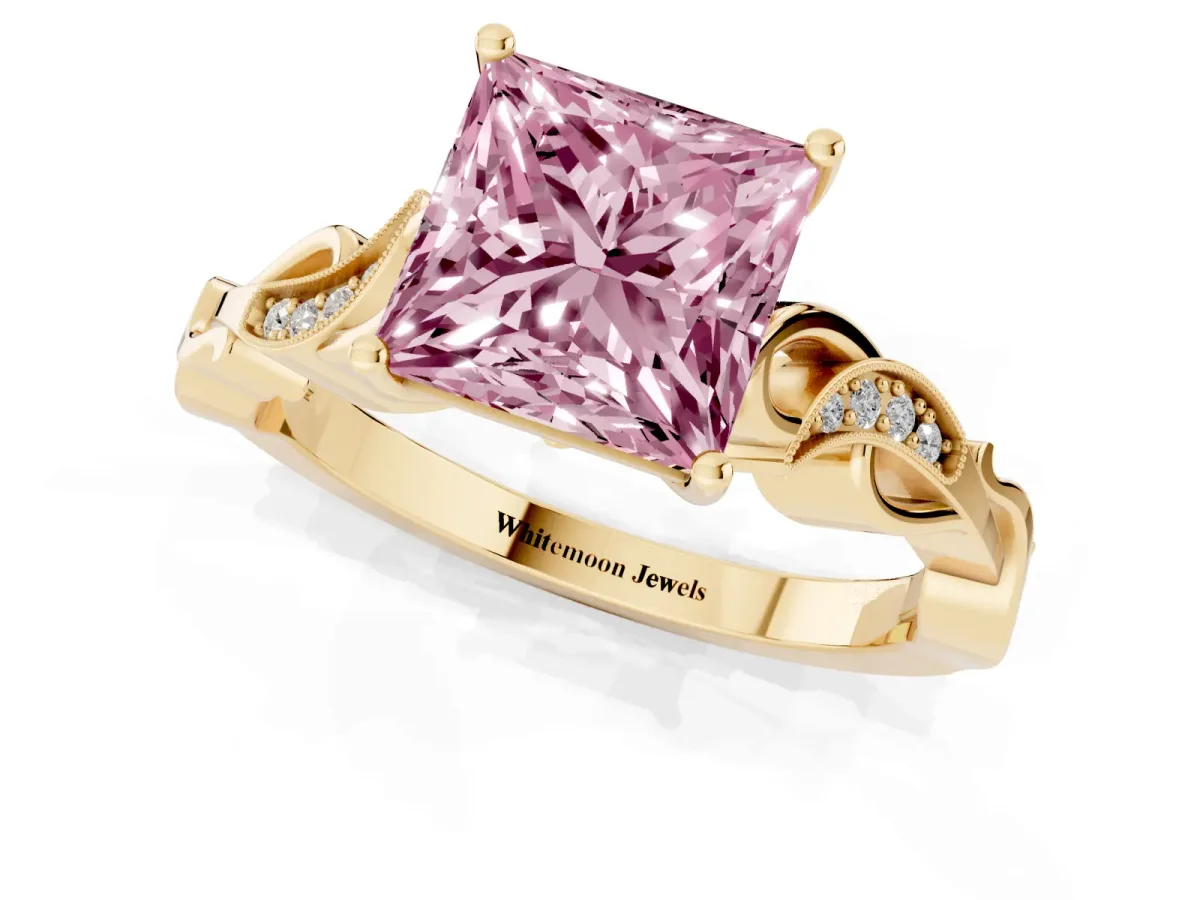 Fancy Pink Princess Cut Solitaire Vine Band with Milgrain Prong Setting Yellow gold