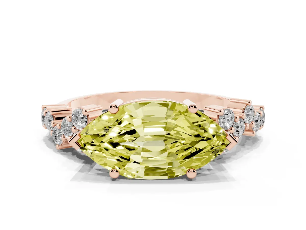 Fancy Yellow Marquise Cut Diamond Scattered Round Accent Ring with Prong Setting Rose gold