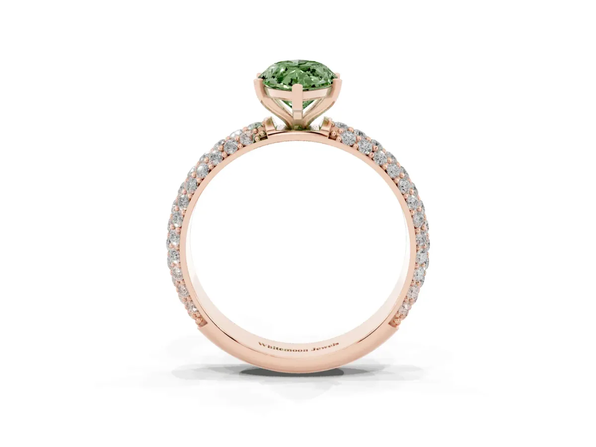 Fancy Green Marquise Cut Diamond Solitaire Ring with Prong Setting and Pavé Band Rose gold