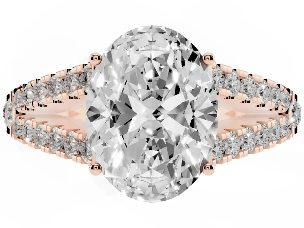 Oval Cut Diamond Split Shank Engagement Ring with Round Pavé and Prong Setting Rose gold