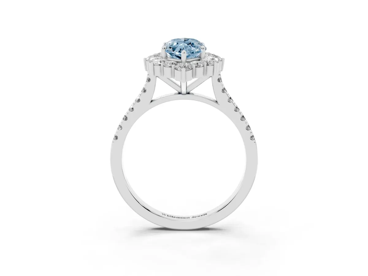 Fancy Blue Marquise Cut Halo Diamond Ring with Pavé Band and Prong Setting Platinum