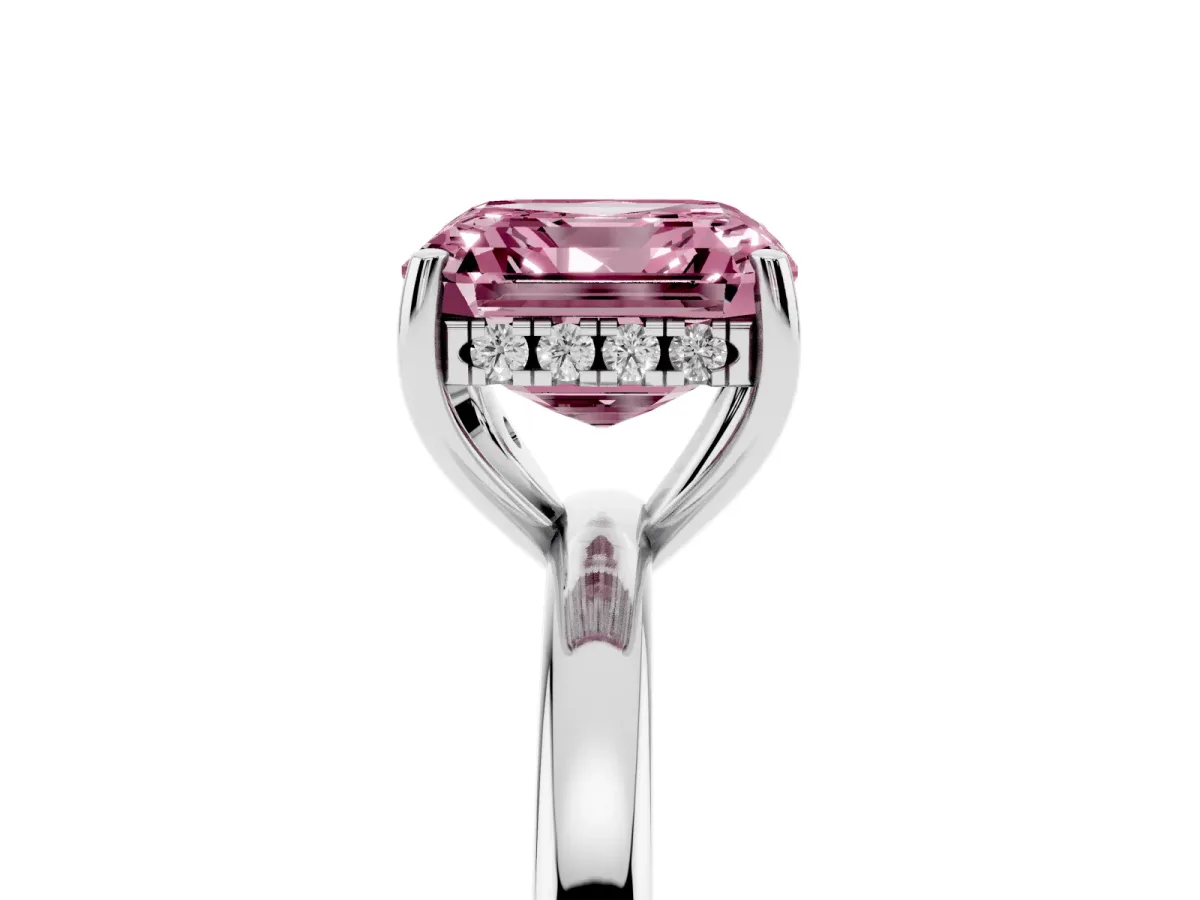 Fancy Pink Asscher Cut Solitaire Diamond Ring with Prong Setting and Plain Band White gold