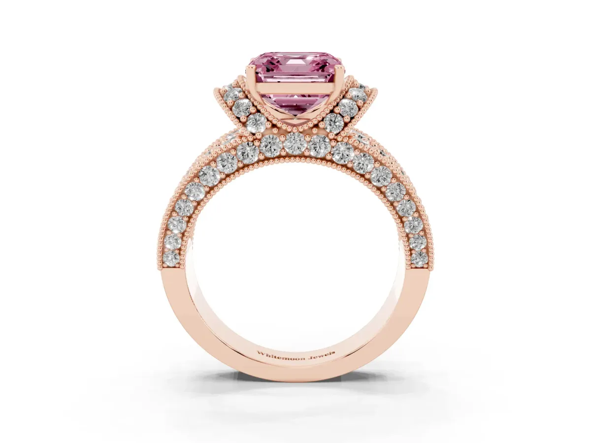 Fancy Pink Asscher Cut Halo Pave Diamond Engagement Ring with Milgrain Detailing Rose gold