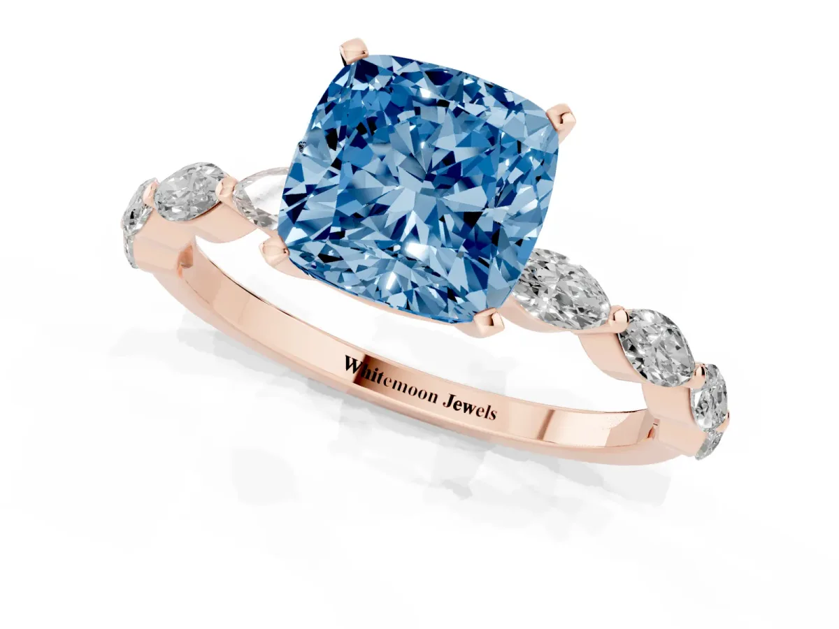 Fancy Blue Cushion Cut Diamond Ring with Marquise Side Stones and Prong Setting Rose gold