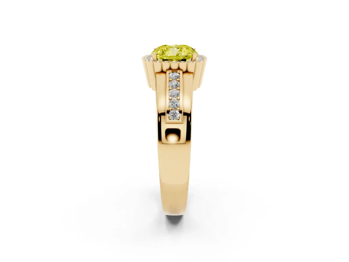 Fancy Yellow Cushion Cut Cut Halo Pave Band Four-Prong Ring Yellow gold
