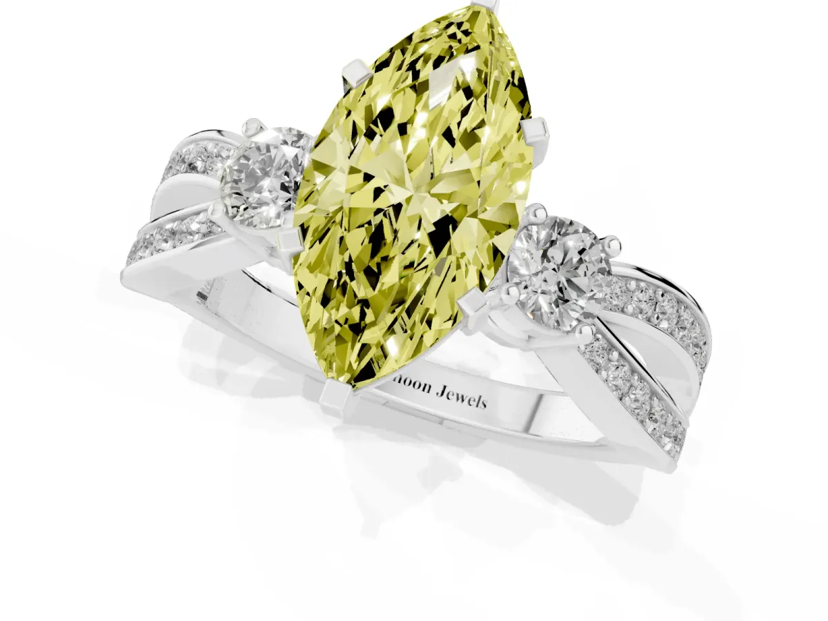 Fancy Yellow Three-Stone Marquise Cut Cut Diamond Twist Band with Prong Setting Platinum
