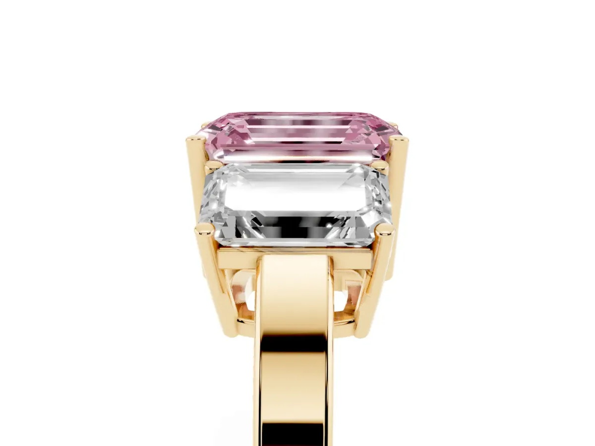 Fancy Pink Three-Stone Emerald Cut Cut Diamond Engagement Ring with Flat Band and Four-Prong Setting Yellow gold