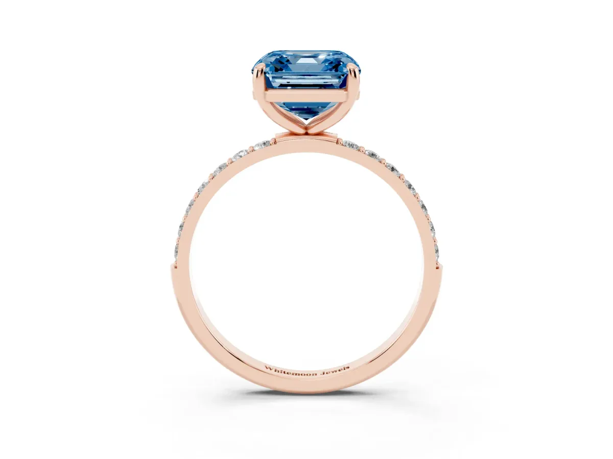 Fancy Blue Asscher Cut Diamond Solitaire Ring with Round Pavé Band and Prong Setting Rose gold