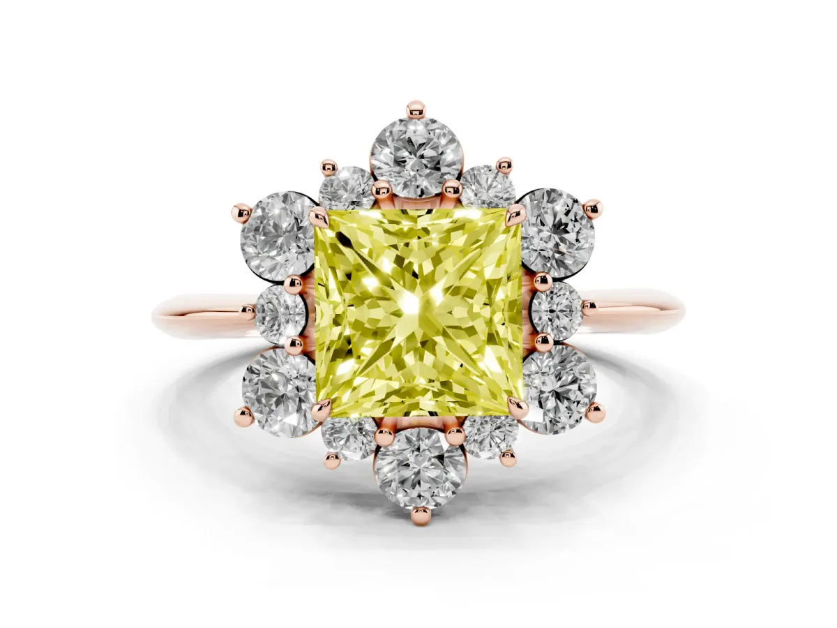 Fancy Yellow Princess Cut Diamond Cluster Halo Ring with Solitaire Band and Four-Prong Setting Rose gold