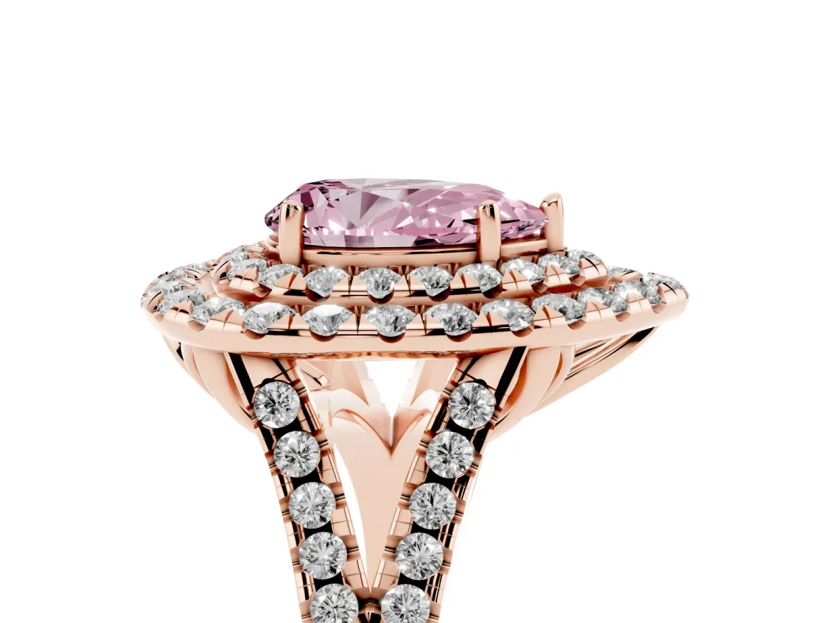 Fancy Pink Double Halo Pear Cut Diamond Pavé Split Shank Ring with Prong Setting Rose gold