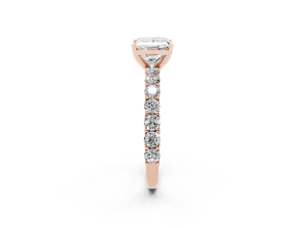 Princess Cut Diamond Solitaire Ring with Shared Prong Pavé Band and Four-Prong Setting Rose gold