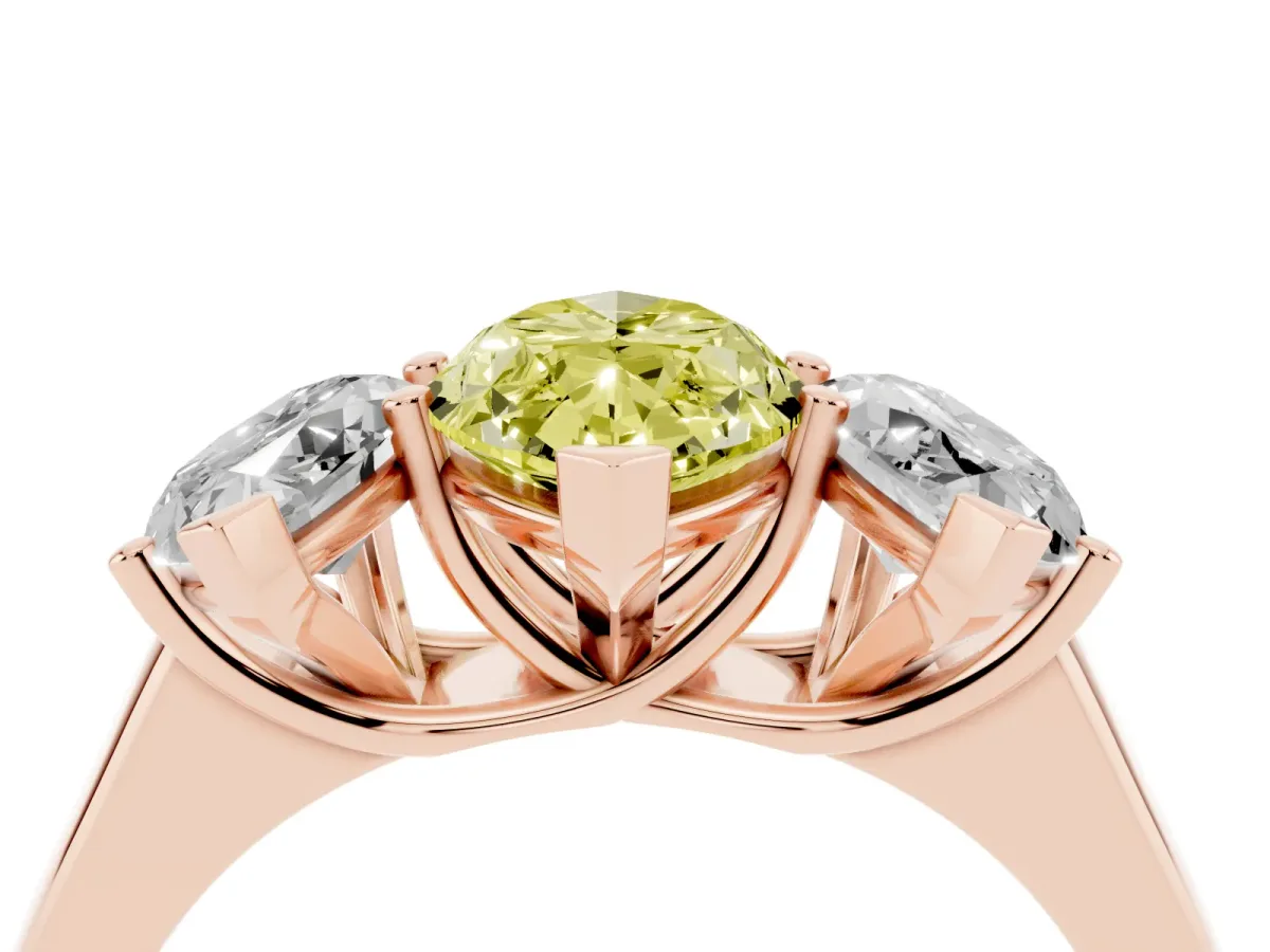 Fancy Yellow Marquise Cut Three-Stone Diamond Ring with Prong Setting on a Classic Band Rose gold