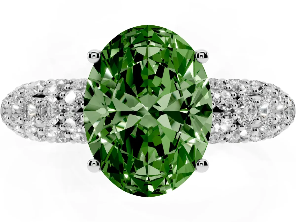 Fancy Green Oval Cut Diamond Pavé Band Solitaire Ring with Four-Prong Setting White gold