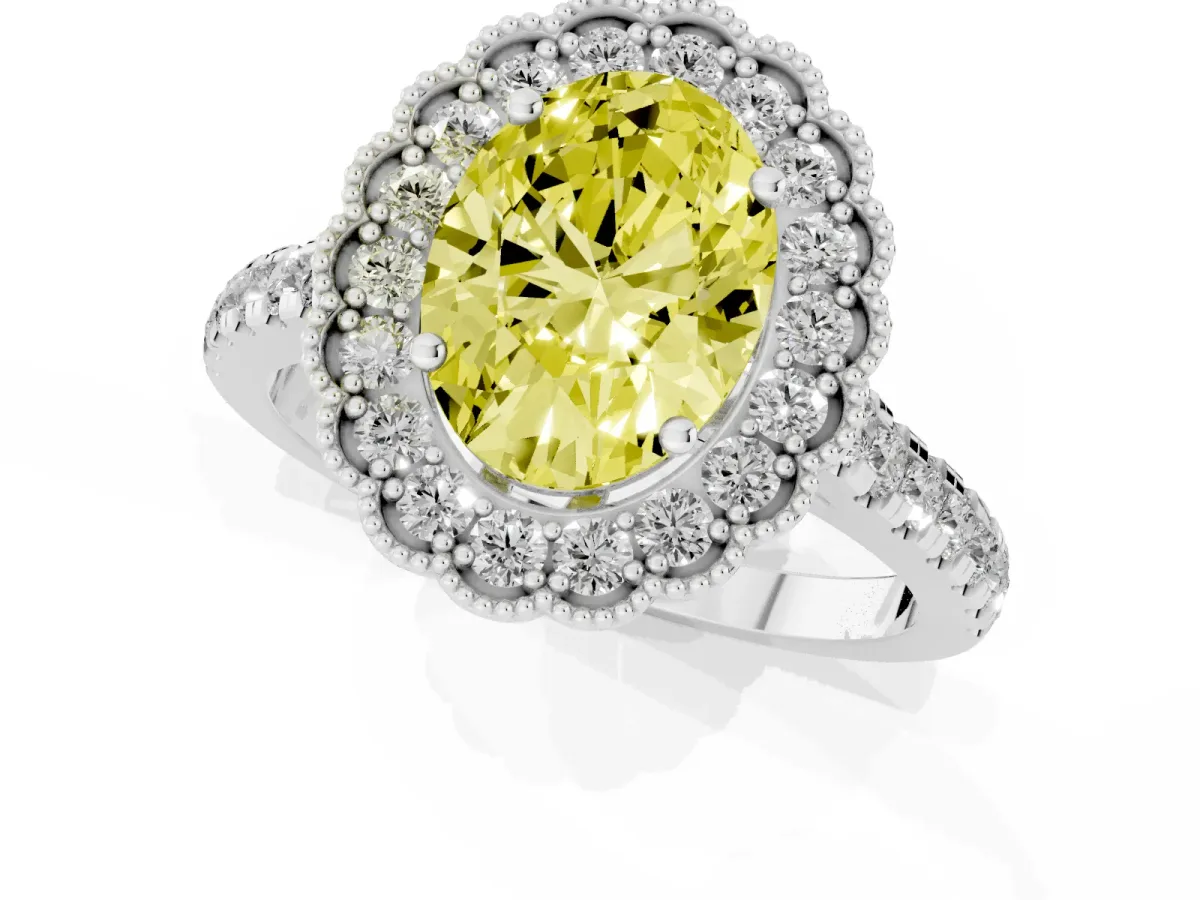 Fancy Yellow Oval Cut Cut Diamond Milgrain Floral Halo Engagement Ring with Pavé Band White gold