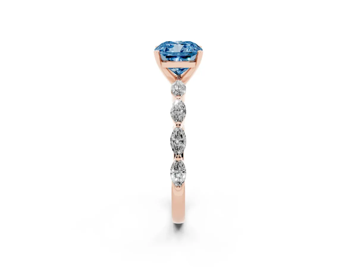 Fancy Blue Cushion Cut Diamond Ring with Marquise Side Stones and Prong Setting Rose gold