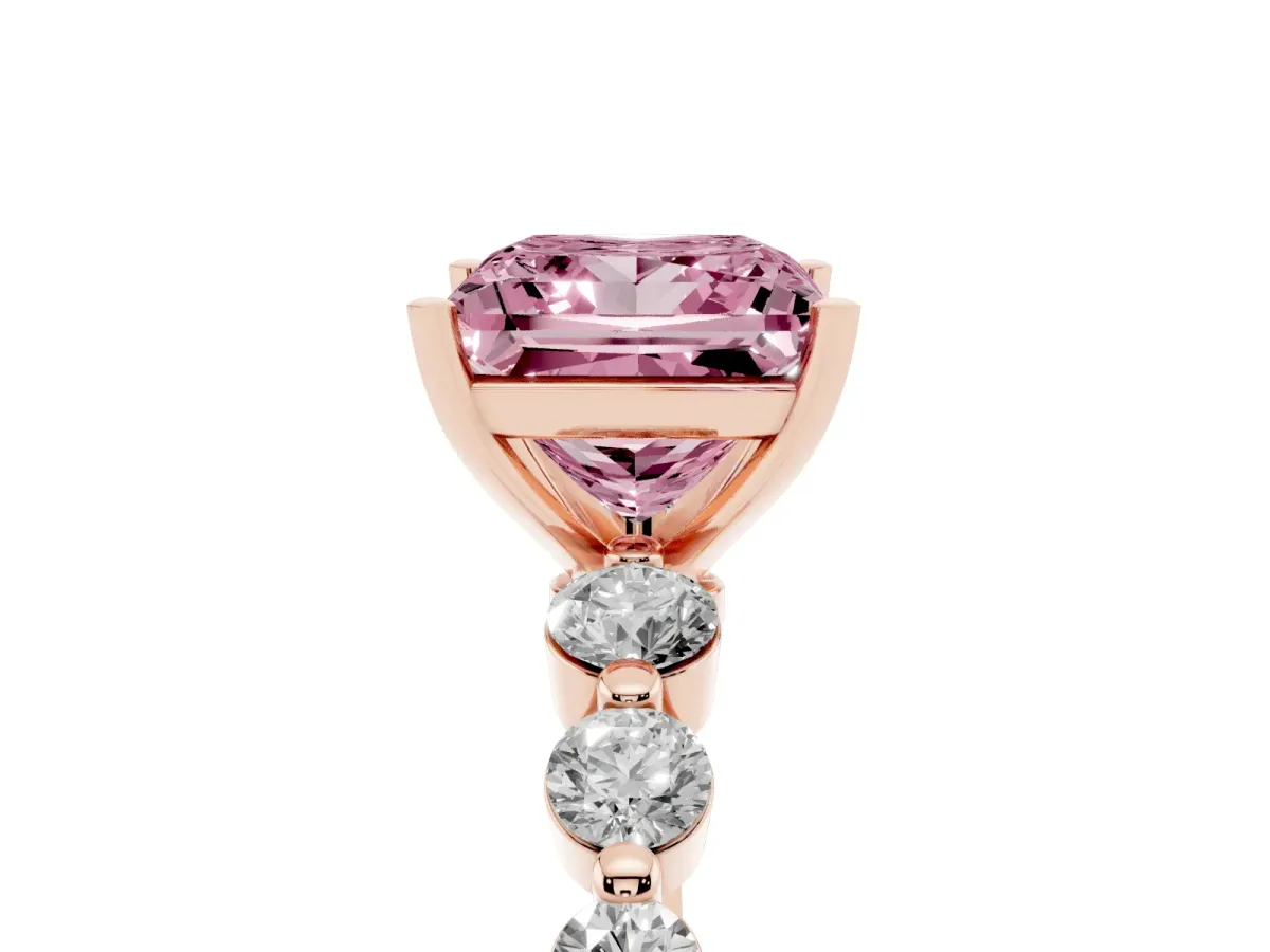 Fancy Pink Princess Cut Solitaire Diamond Ring with Pave Band and Four-Prong Setting Rose gold