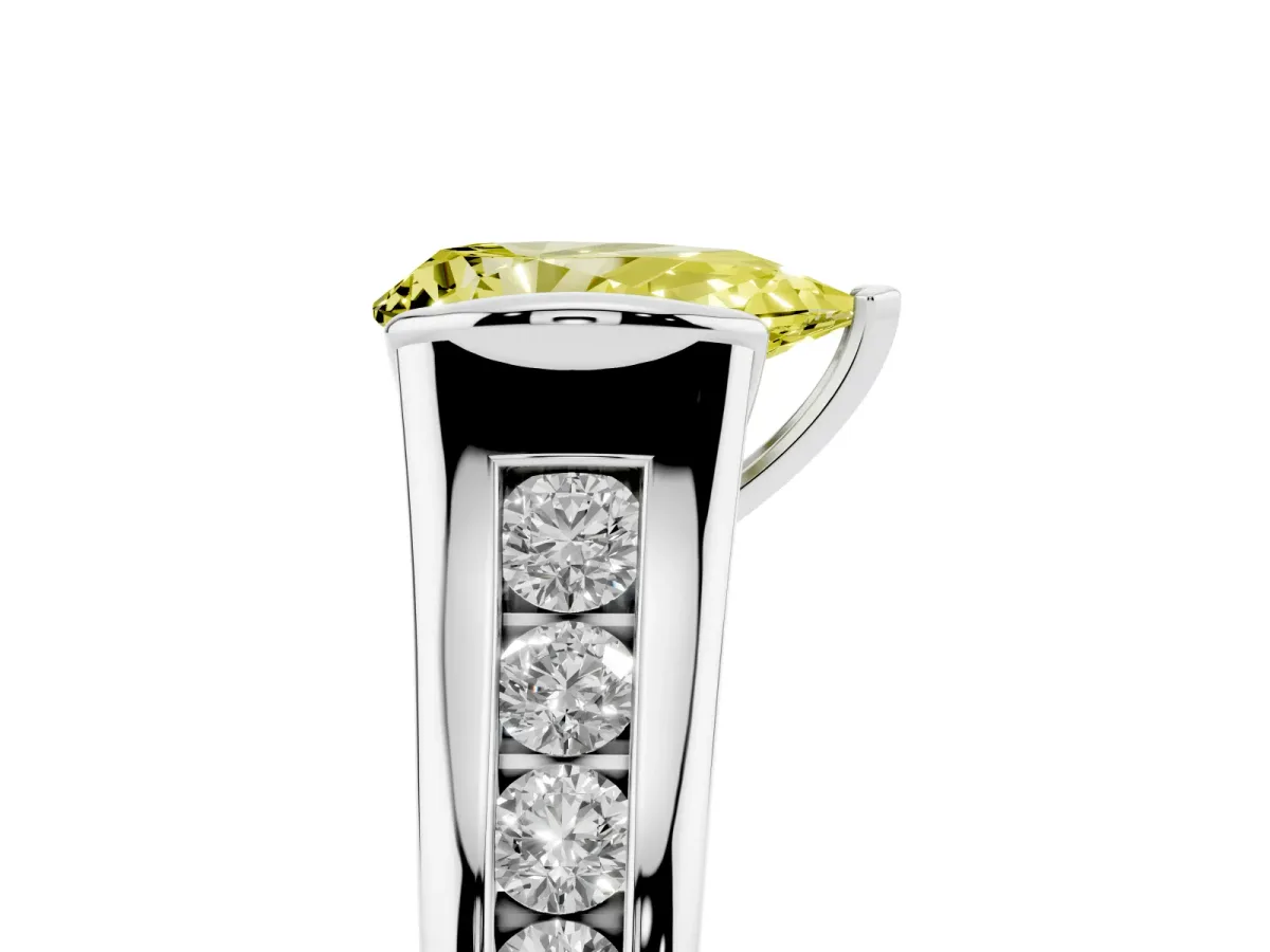 Fancy Yellow Pear Cut Solitaire Bezel-Set Diamond Ring with Channel-Set Band Silver