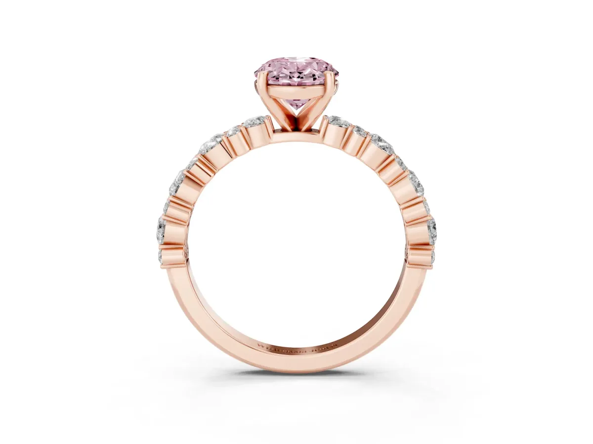 Fancy Pink Oval Cut Diamond Side Stone Solitaire Ring with Round and Four-Prong Setting Rose gold