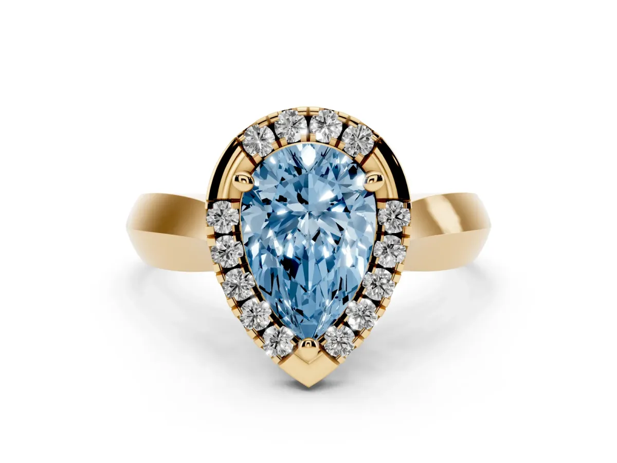 Fancy Blue Pear Cut Cut Halo Solitaire Engagement Ring with Square Band and Four-Prong Setting Yellow gold