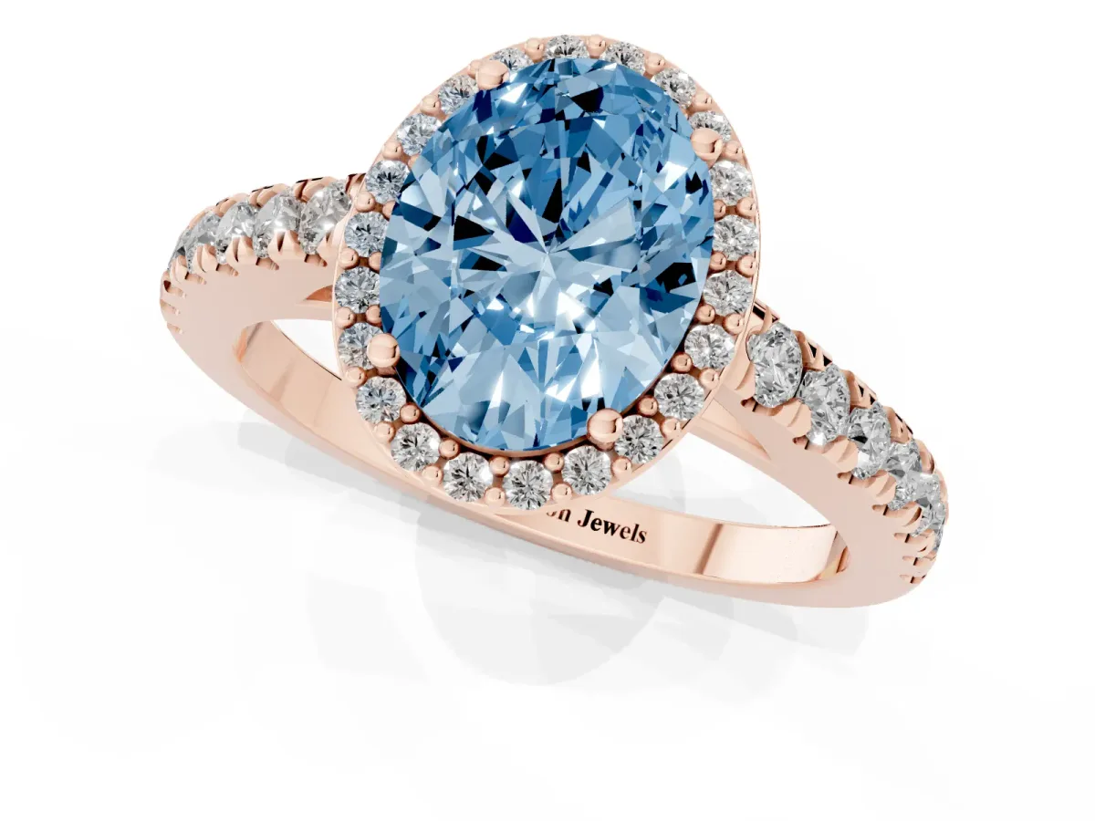 Fancy Blue Oval Cut Cut Halo Diamond Engagement Ring with Pave Band and Four-Prong Setting Rose gold