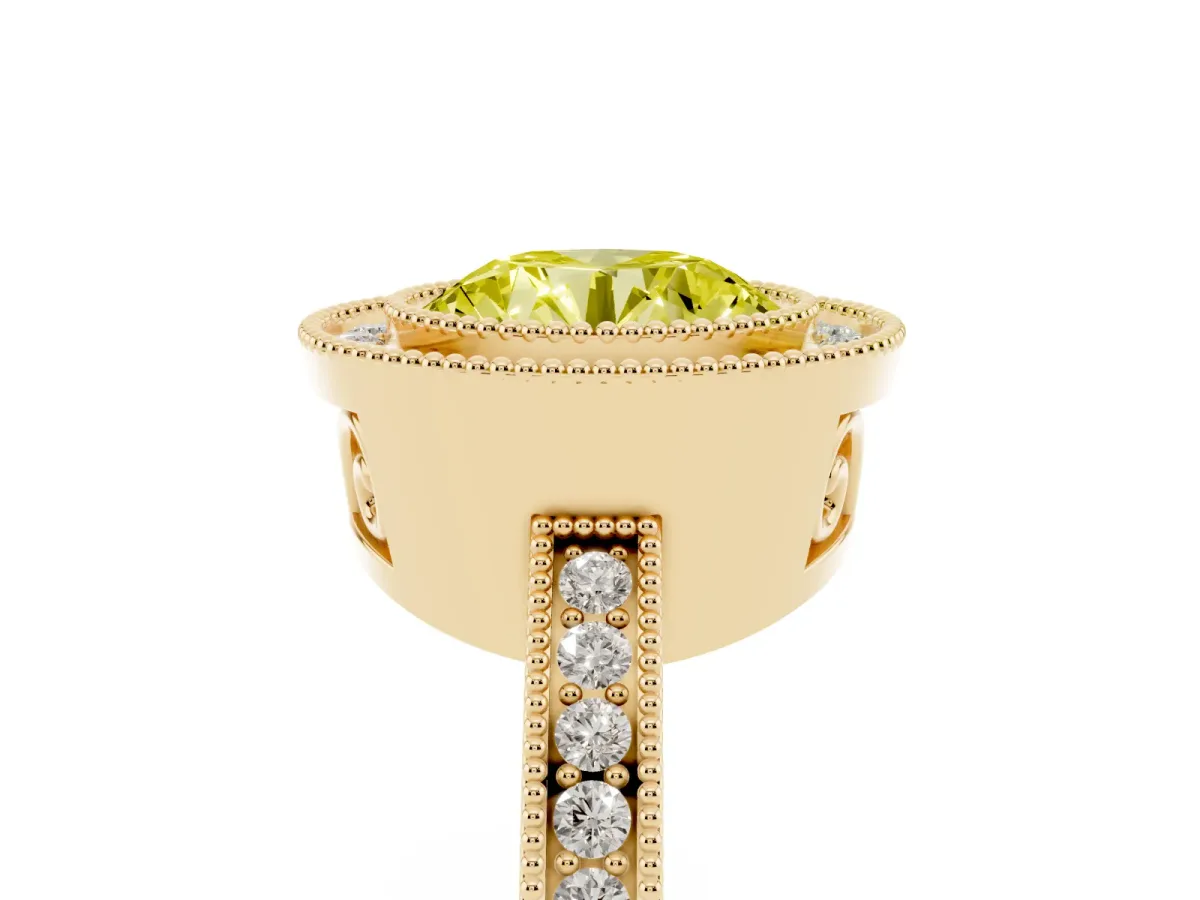 Fancy Yellow Round Cut Cut Halo Diamond Ring with Pavé Band and Milgrain Prong Setting Yellow gold