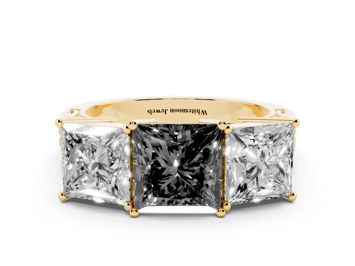Fancy Black Princess Cut Diamond Three-Stone Ring with Prong Setting and Textured Band Yellow gold