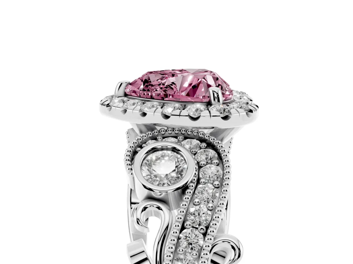 Fancy Pink Heart Cut Halo Diamond Ring with Milgrain and Bezel Accents on a Split Shank Band Platinum