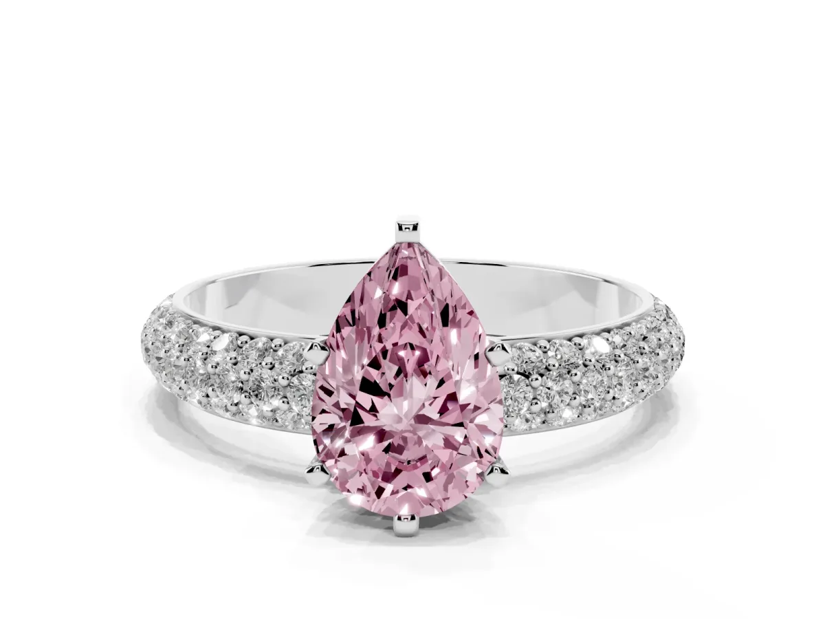 Fancy Pink Pear Cut Diamond Solitaire Ring with Prong Setting and Pavé Band Platinum