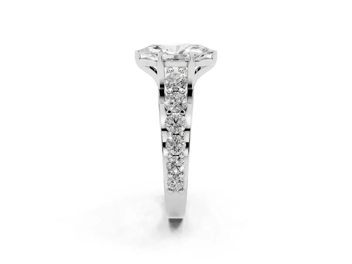 Marquise Cut Diamond Engagement Ring with Pavé Band and Four-Prong Setting Silver