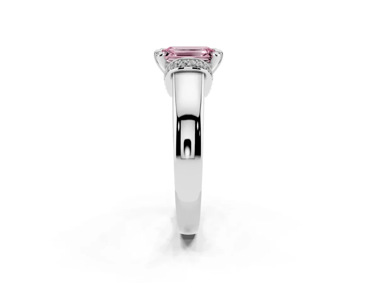 Fancy Pink Emerald Cut Solitaire Diamond Ring with Pave Band and Six-Prong Setting Silver