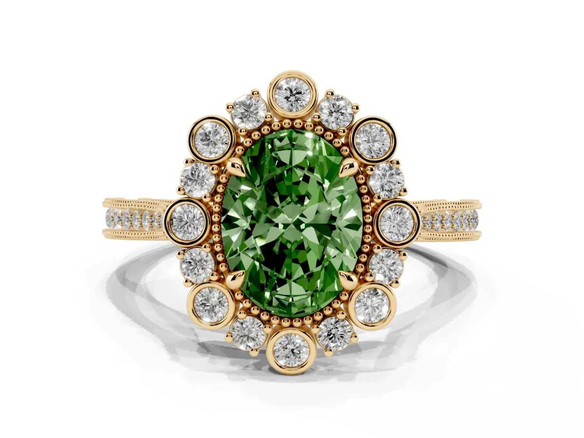 Fancy Green Oval Cut Halo Milgrain Pave Diamond Ring with Four-Prong Setting Yellow gold