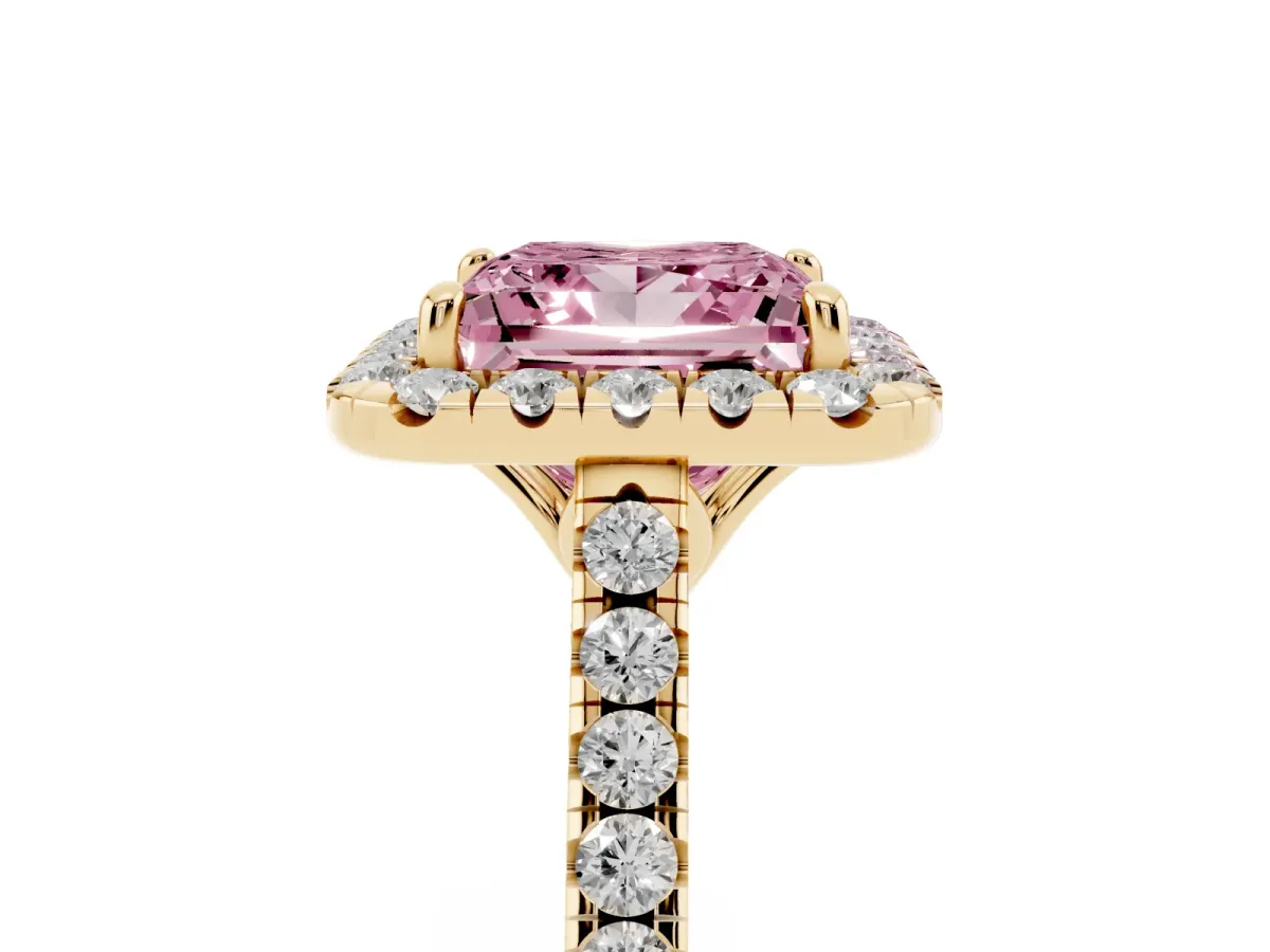 Fancy Pink Princess Cut Halo Pavé Diamond Engagement Ring with Four-Prong Setting Yellow gold