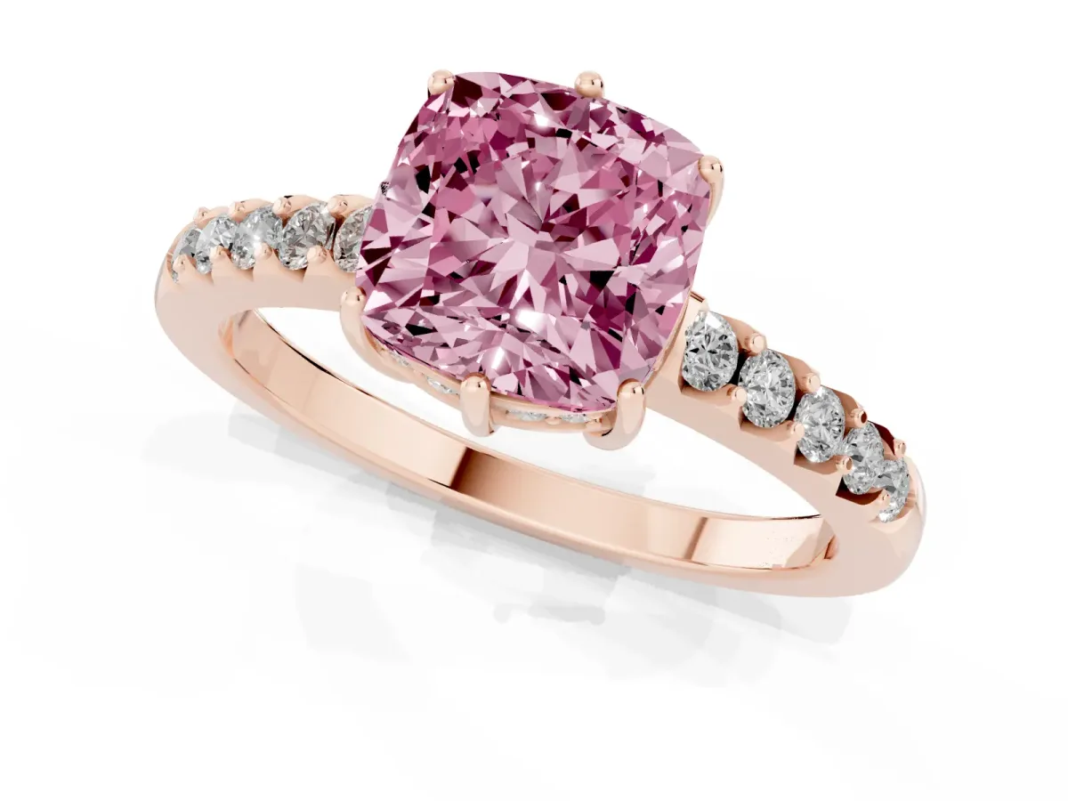Fancy Pink Cushion Cut Solitaire Diamond Engagement Ring with Pavé Band and Six-Prong Setting Rose gold