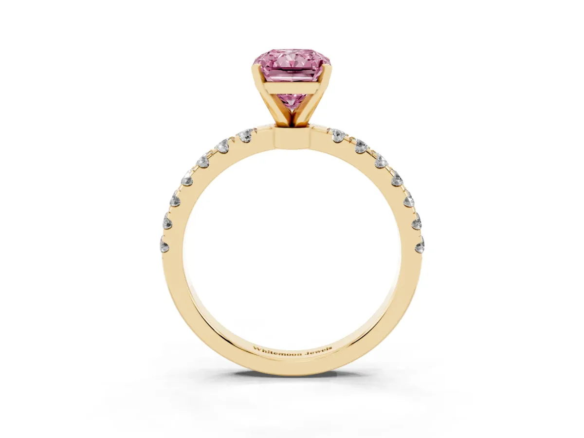 Fancy Pink Radiant Cut Diamond Solitaire Ring with Pavé Accents and Four-Prong Setting Yellow gold