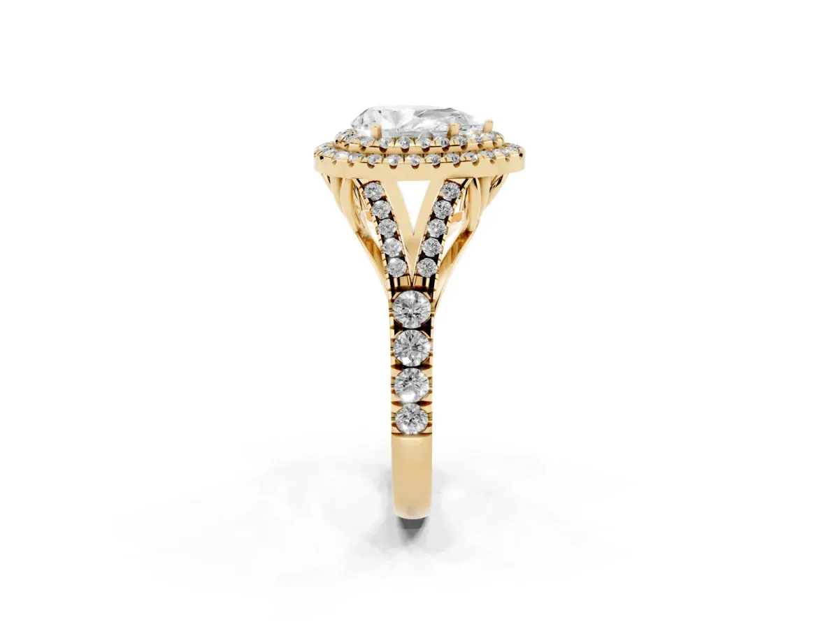 Pear Cut Diamond Pavé Split Shank Double Halo Engagement Ring Yellow gold