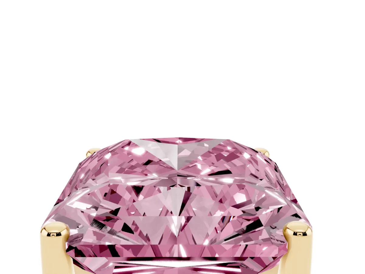 Fancy Pink Radiant Cut Cut Diamond Solitaire Engagement Ring with Tapered Plain Band and Four-Prong Setting Yellow gold