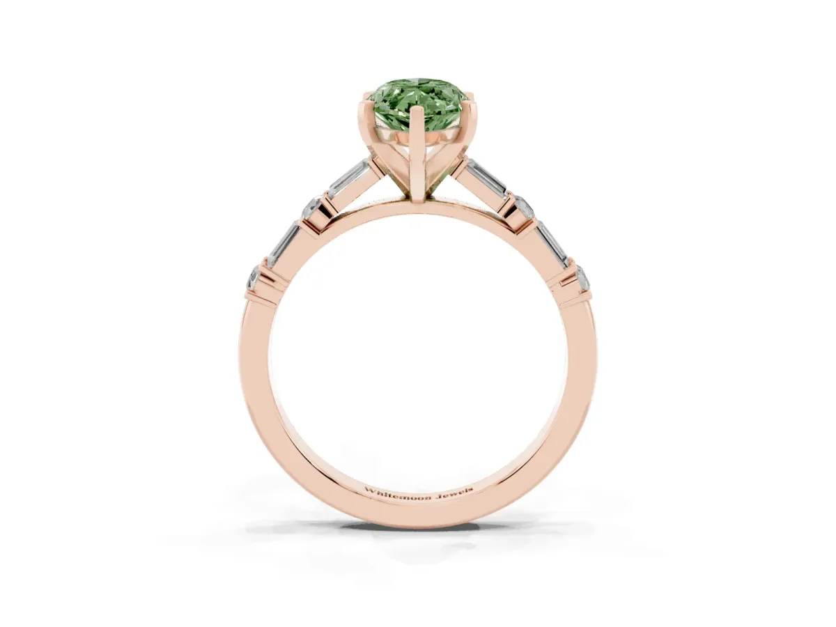 Fancy Green Marquise Cut Diamond Solitaire with Side Baguettes and Channel Set Band Rose gold