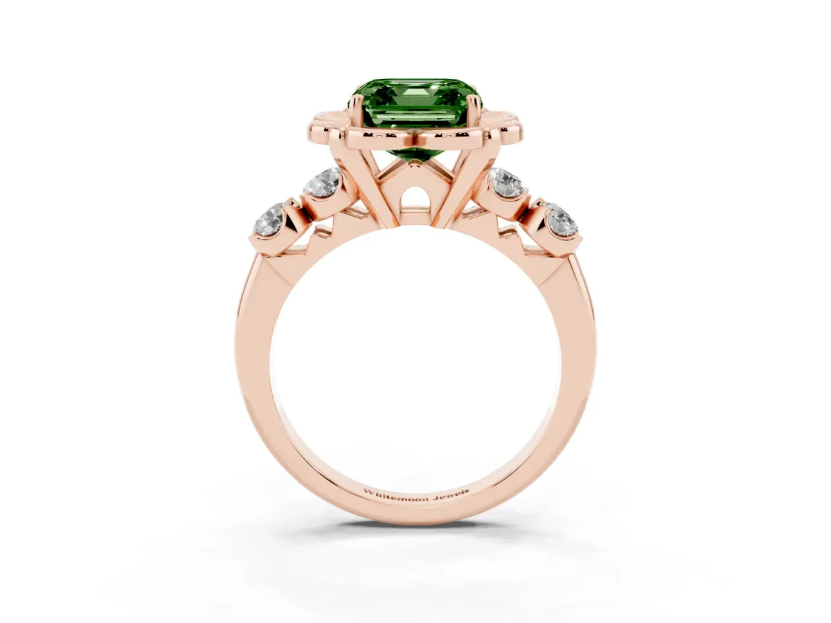 Fancy Green Asscher Cut Cut Diamond Floral Halo Engagement Ring with Shared Prong Setting Rose gold