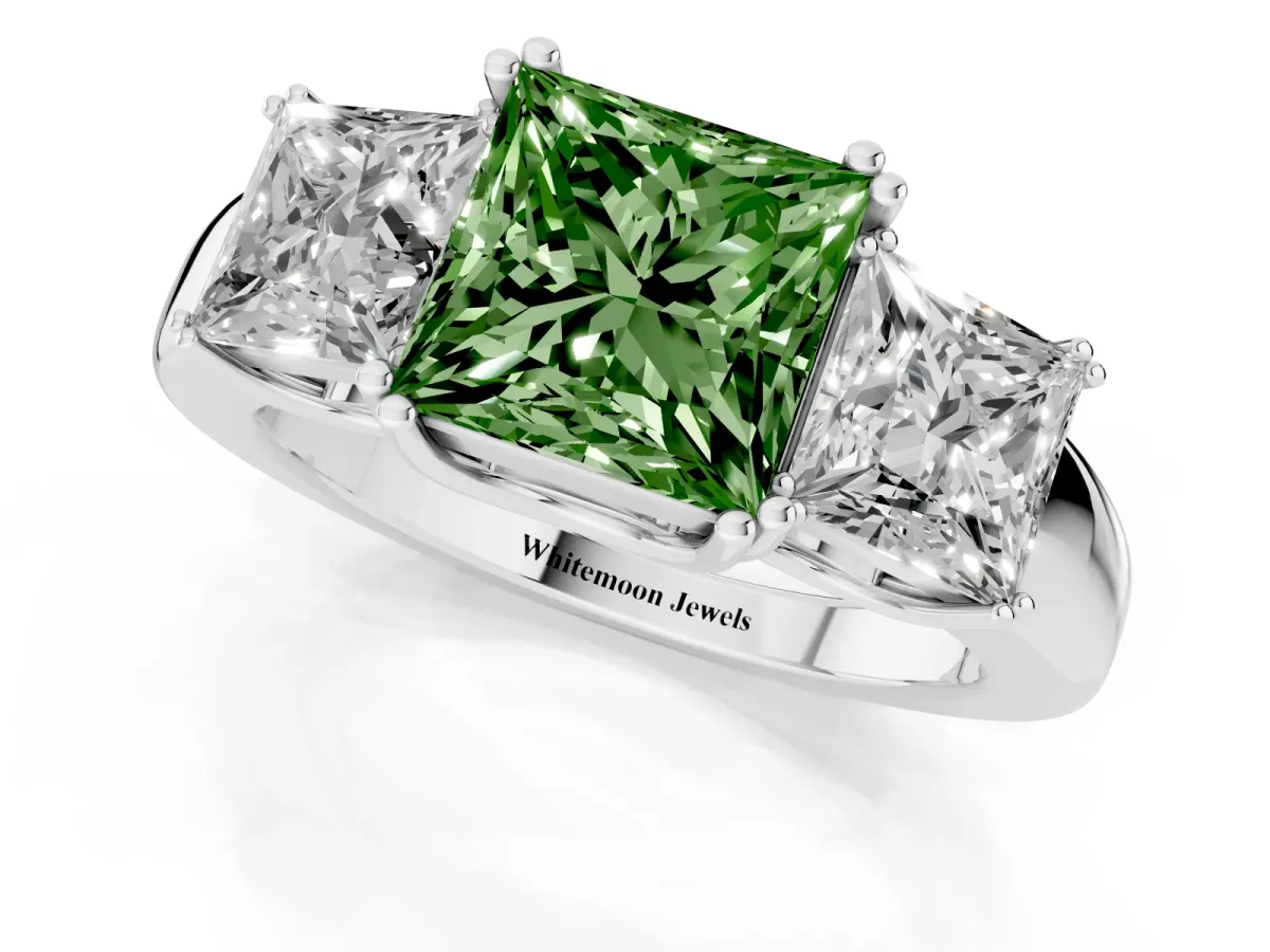 Fancy Green Three-Stone Princess Cut Cut Diamond Ring with Channel Set Band and Four-Prong Setting White gold