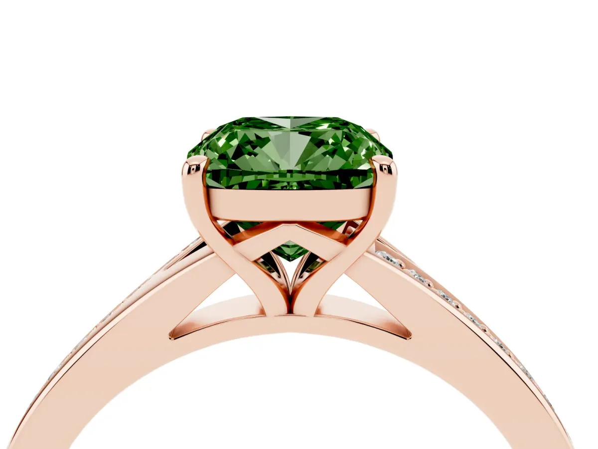 Fancy Green Cushion Cut Diamond Solitaire Ring with Pavé Band and Prong Setting Rose gold