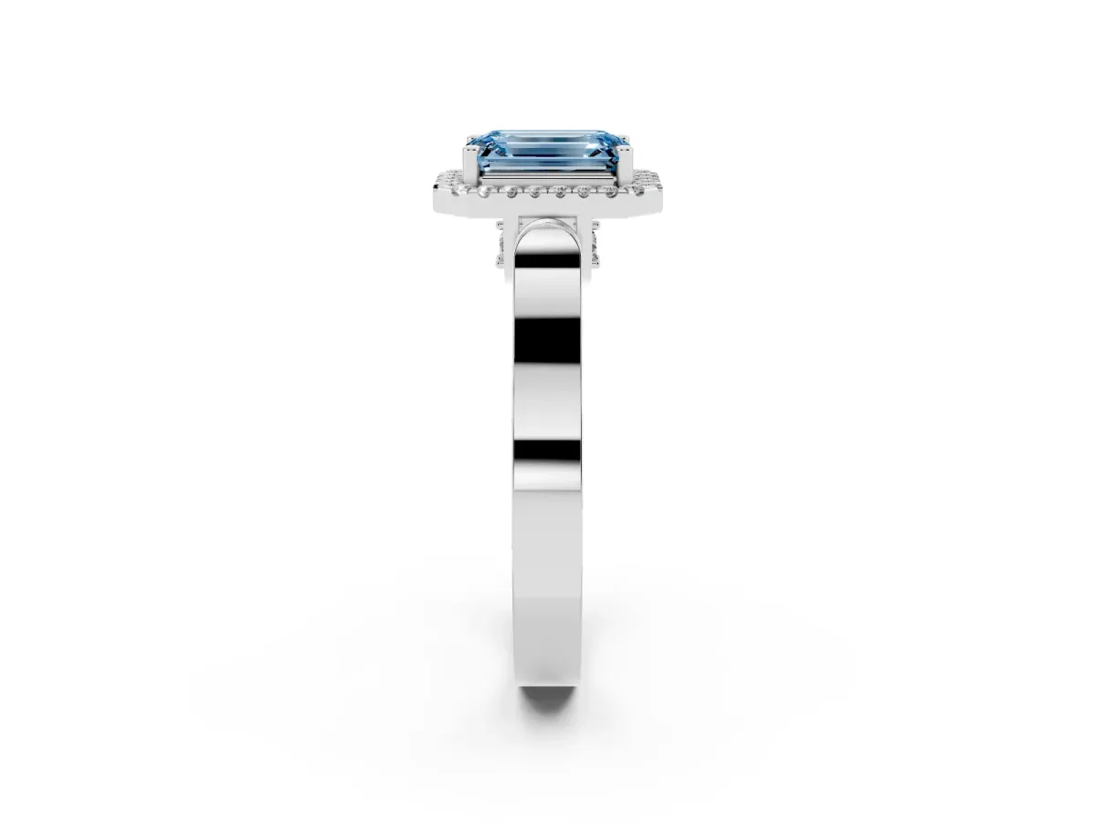 Fancy Blue Emerald Cut Halo Round Diamond Twist Band with Four-Prong Setting Silver