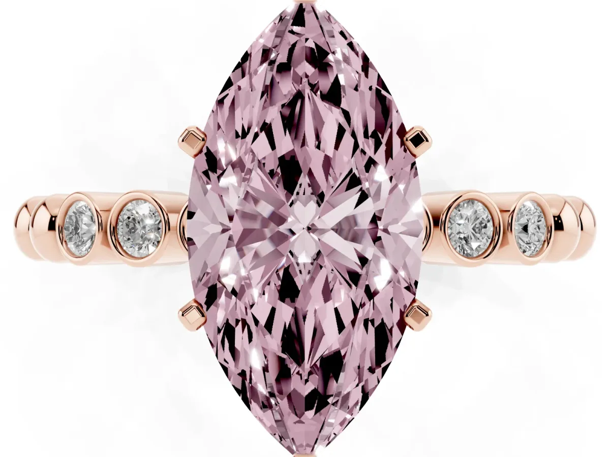 Fancy Pink Marquise Cut Solitaire Bezel Accent Diamond Engagement Ring with Beaded Band and Four-Prong Setting Rose gold