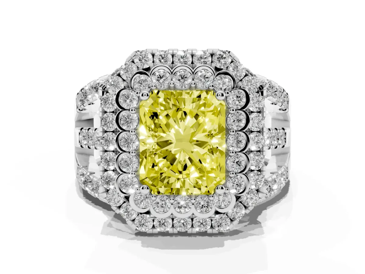 Fancy Yellow Radiant Cut Diamond Double Halo Ring with Round Pavé Split Shank and Prong Setting Silver