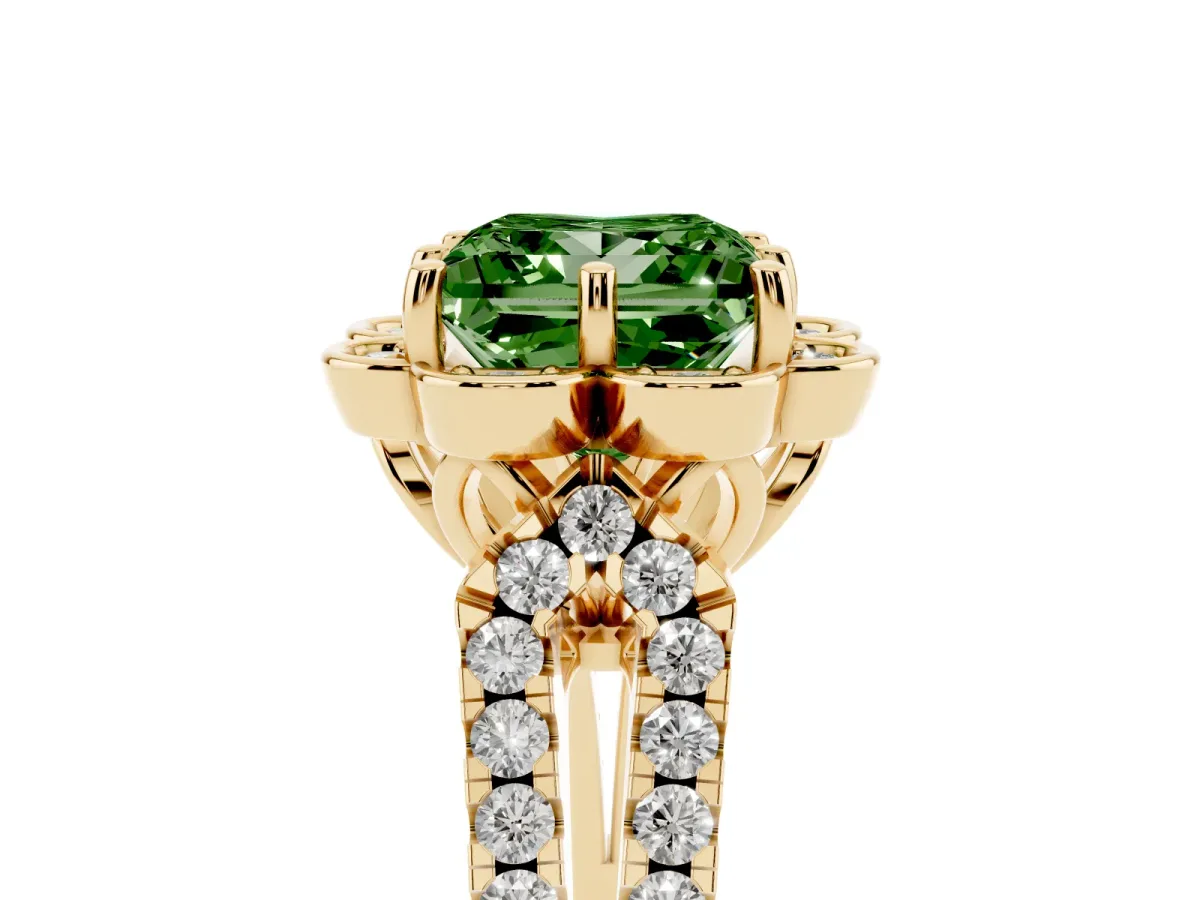 Fancy Green Princess Cut Halo Diamond Floral Split Shank Engagement Ring Yellow gold