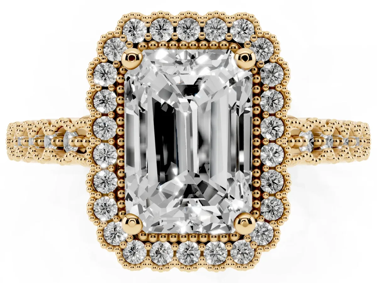 Radiant Cut Cut Halo Pavé Solitaire Ring with Milgrain Band Yellow gold