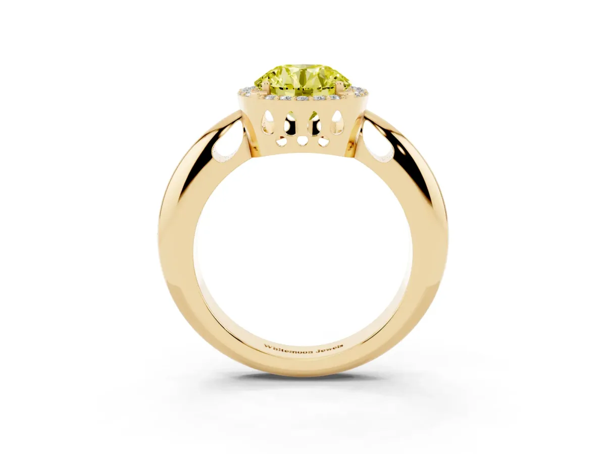 Fancy Yellow Round Cut Cut Diamond Halo Engagement Ring with Split Shank and Four-Prong Setting Yellow gold