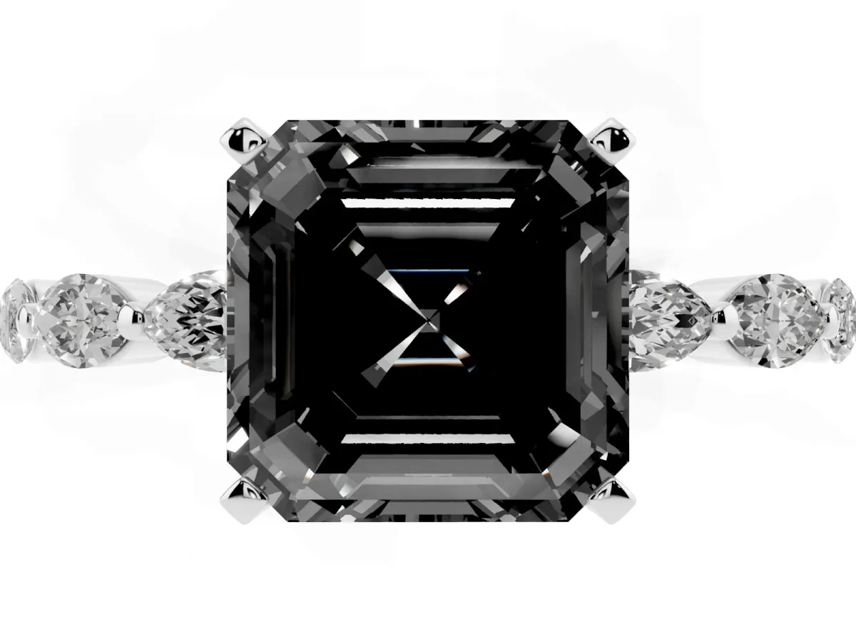 Fancy Black Asscher Cut Diamond Ring with Marquise Side Stones and Prong Setting Platinum