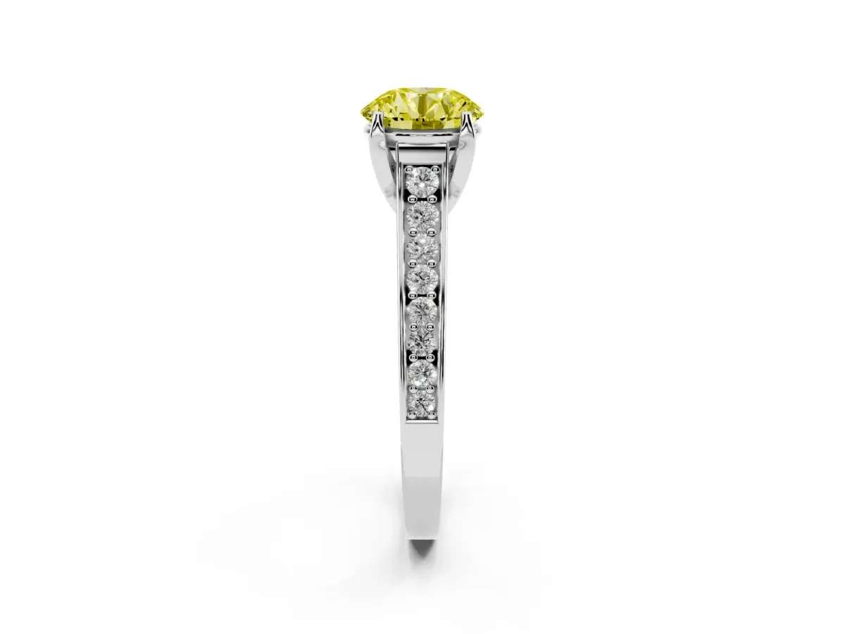 Fancy Yellow Round Cut Brilliant Cut Diamond Engagement Ring with Pavé Band and Four-Prong Setting Platinum