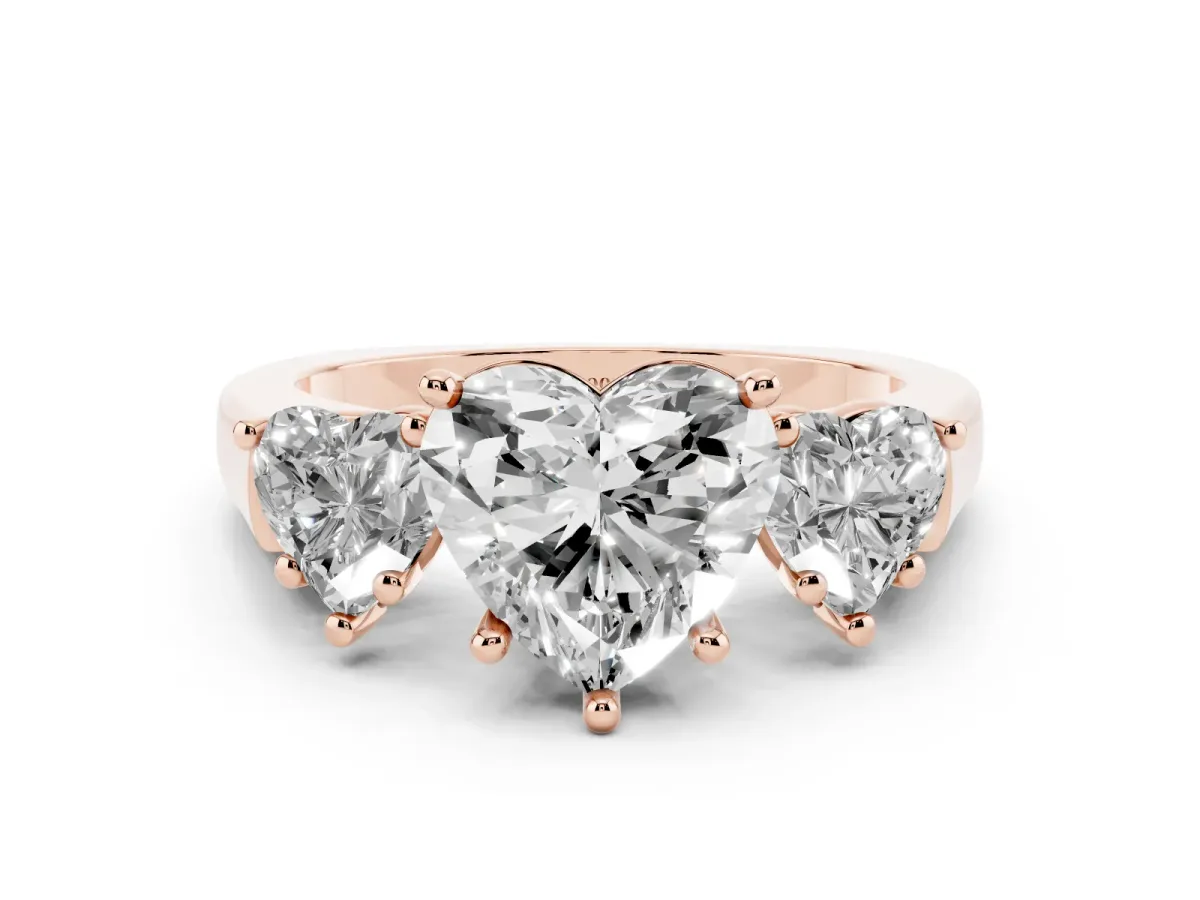 Three-Stone Heart Cut Brilliant Diamond Trellis Ring with Comfort Fit Band Rose gold