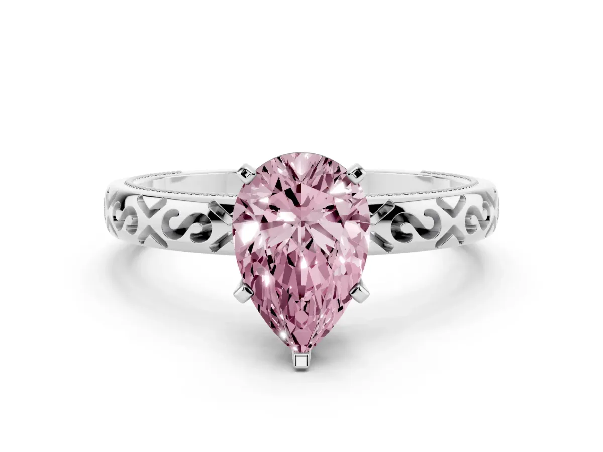 Fancy Pink Pear Cut Solitaire Engagement Ring with Scrollwork Band and Four-Prong Setting Silver